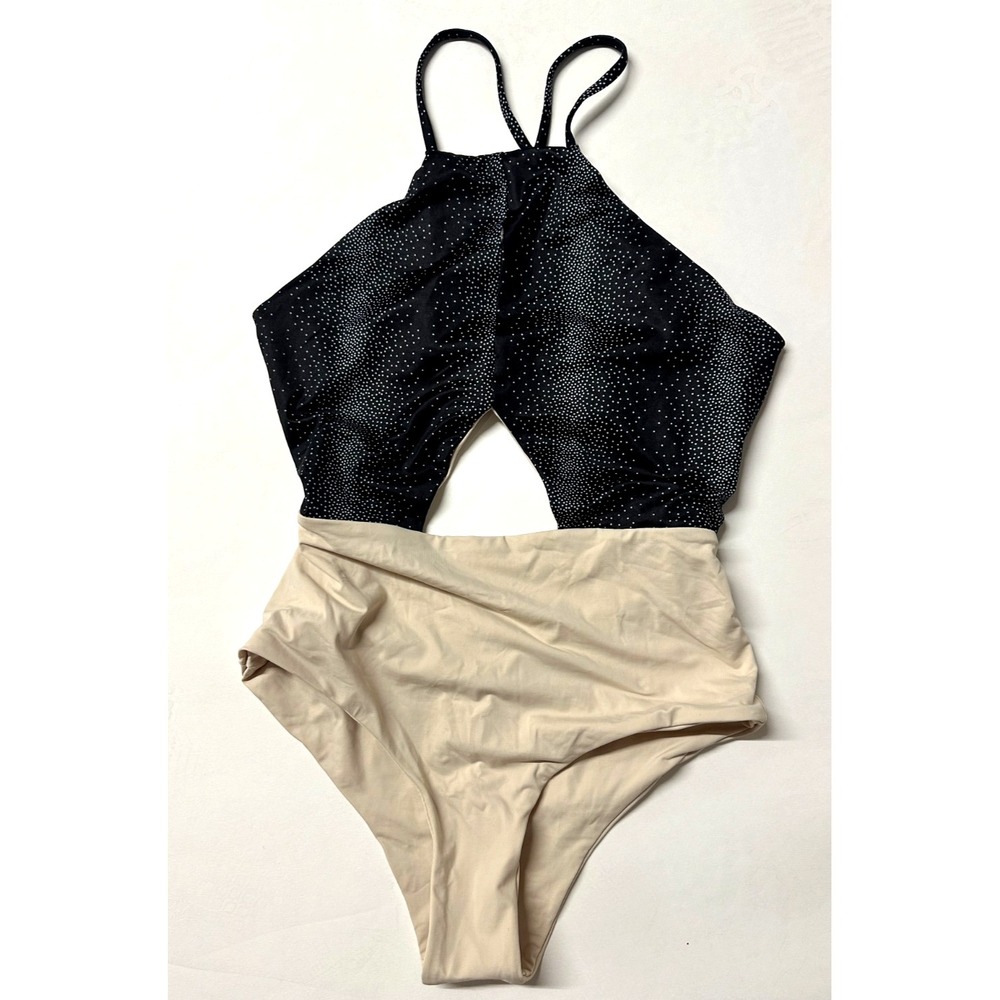 Tavik Womens Small One Piece Swimsuit High‎ Neck Peekaboo Waist Black Beige NWT